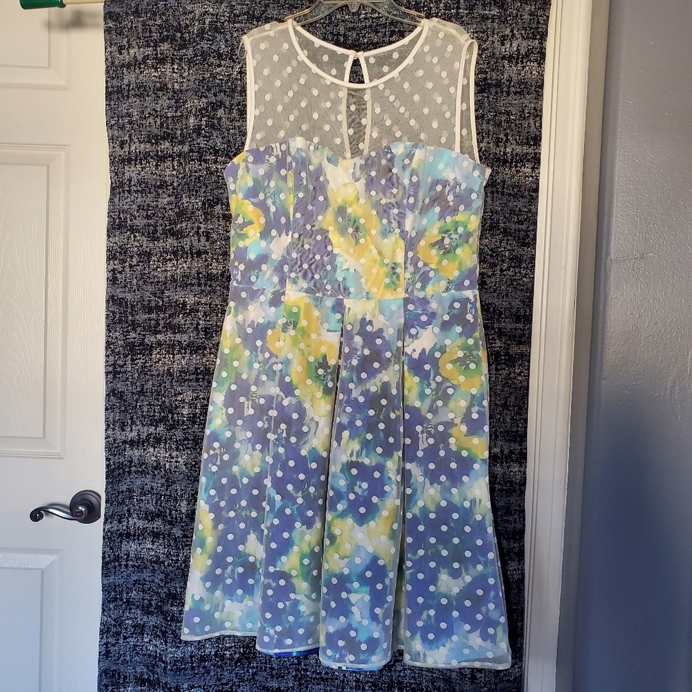 Karin Stevens Midi Dress Blue Floral with Sheer Polka Dot Overlay Sleeveless